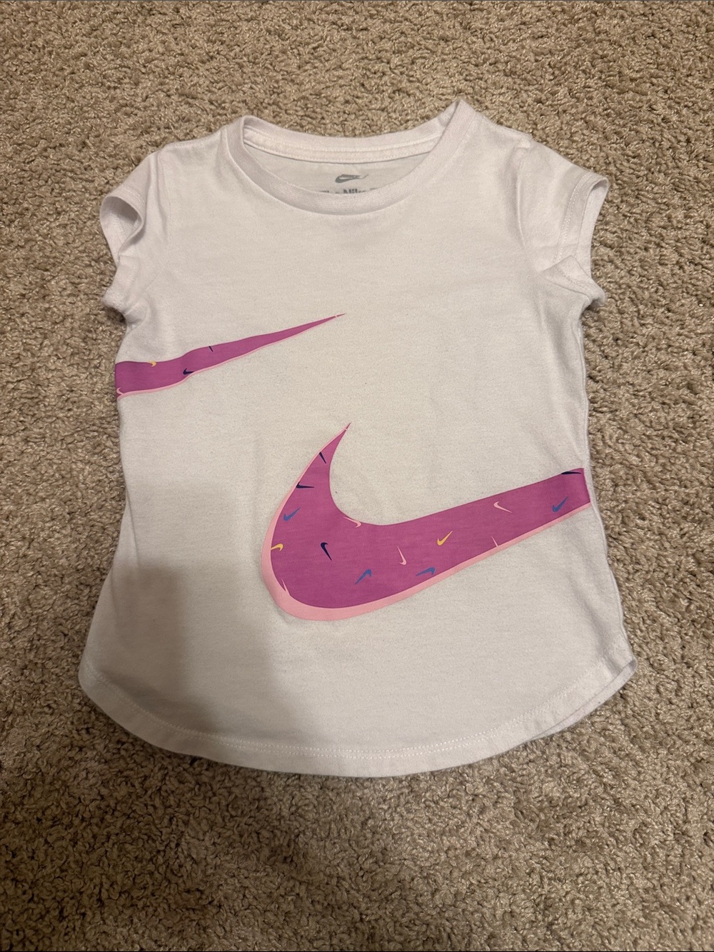 Nike White Short Sleeve Tee with Pink Swoosh and Multicolor Sprinkles